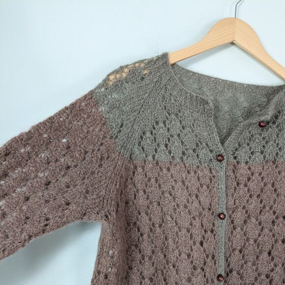 Vintage Cardigan Sweater L Gray Pink Open Knit Grandma Cottage Mauve Heritage - Picture 1 of 8